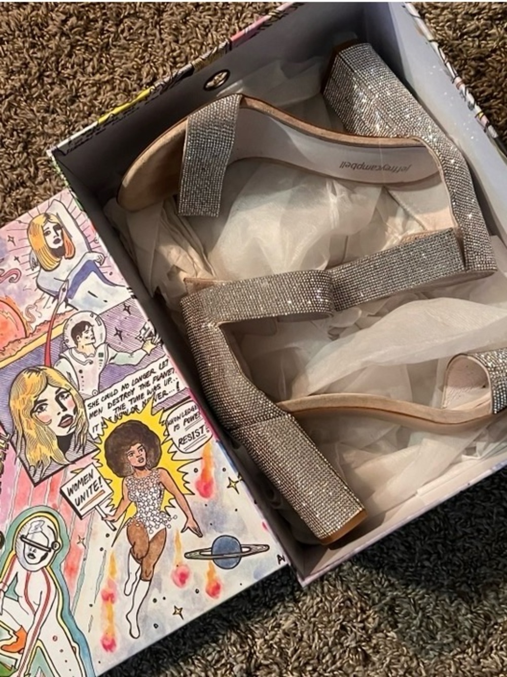 Jeffrey Campbell Rhinestone Block Heel Sandals in Silver